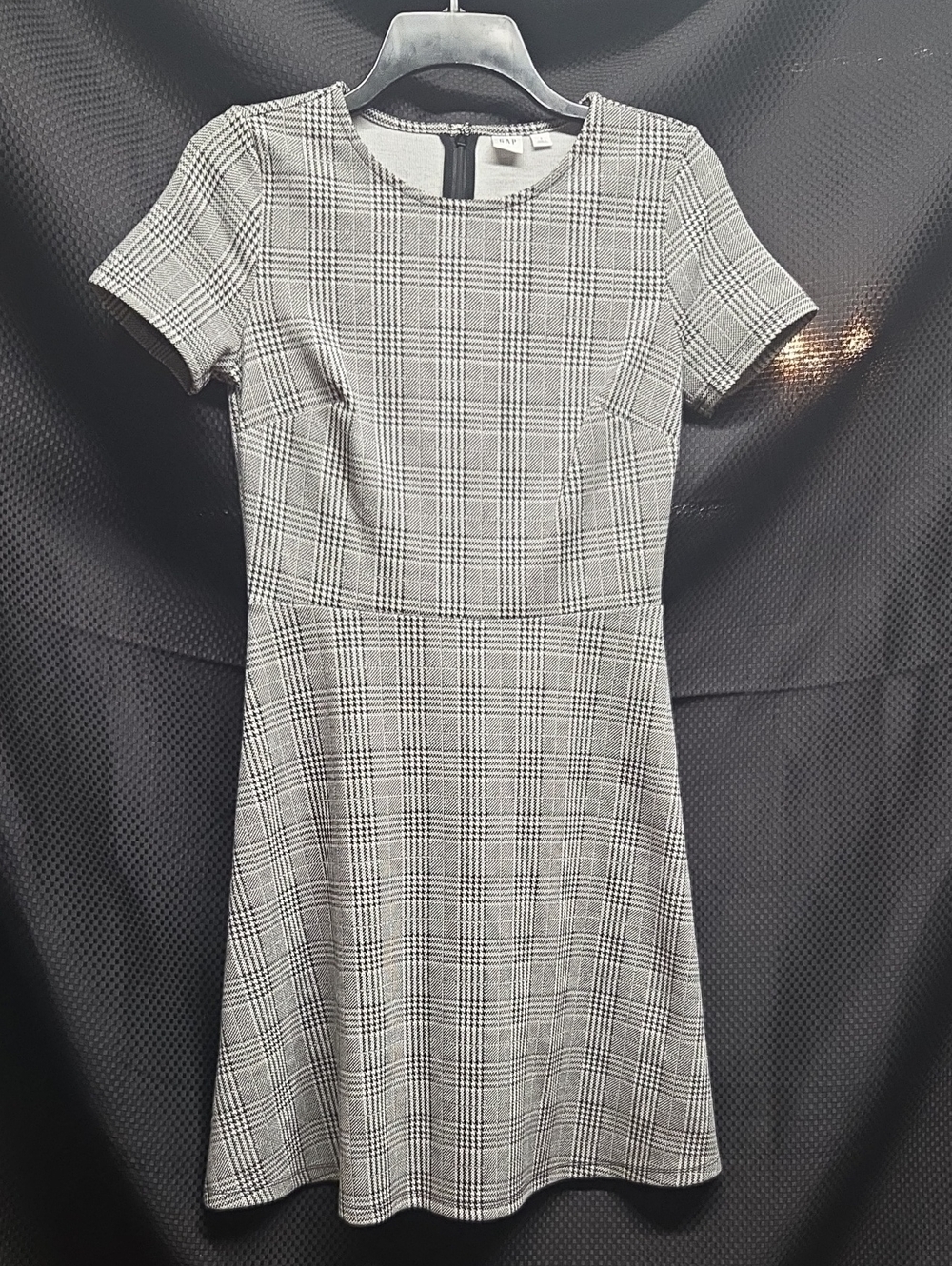 GAP Black and White Plaid Short-Sleeve Fit & Flare Dress